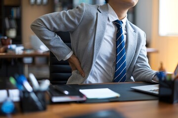 Young Professional Suffering from Lower Back Pain and Discomfort Due to Poor Office Posture.