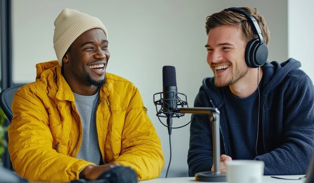 Two happy men enjoying a conversation in a modern podcast studio with headphones and a microphone.