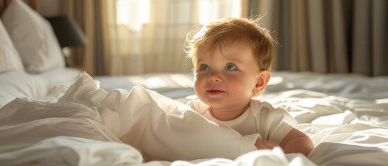 Fototapeta premium A curious baby boy lying in a cozy, sunlit bedroom, surrounded by soft blankets. Free copy space for text.