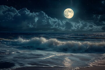 Serene Moonlit Ocean Waves Crashing on the Shore
