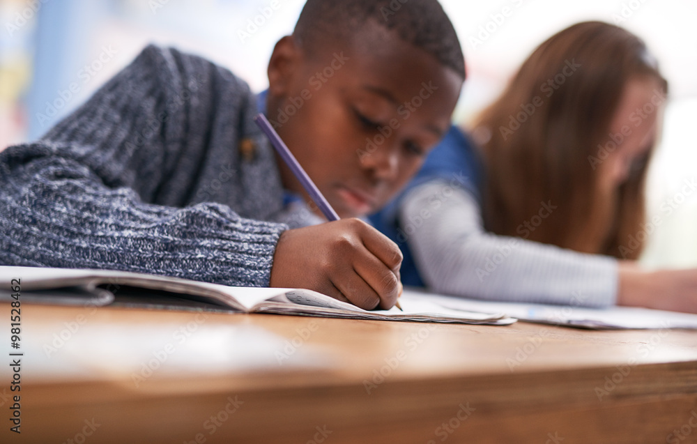 Poster children, writing and book for education in classroom of learning, study quiz and drawing assessment