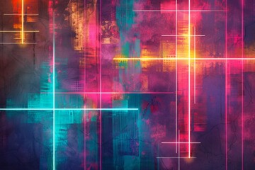 Abstract digital background with neon lights and a cross shape, colorful grunge texture