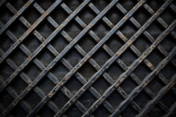 Grid of rusted steel bars arranged in an intricate diamond pattern