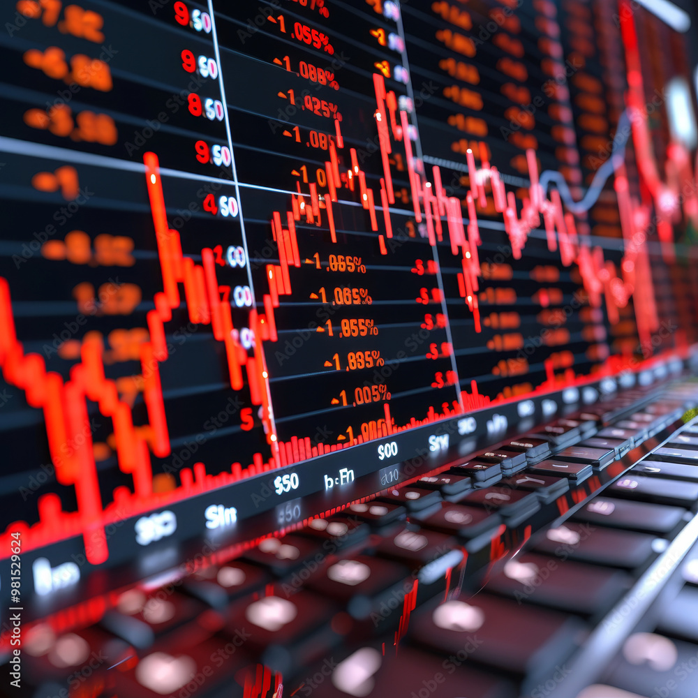 Poster A close-up view of a laptop keyboard and screen showcasing a stock market chart. The chart features red and green lines indicating fluctuating prices and trading activity in real-time.