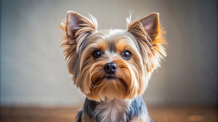 Adorable Yorkshire Terrier Staring Curiously in a Soft Indoor Setting