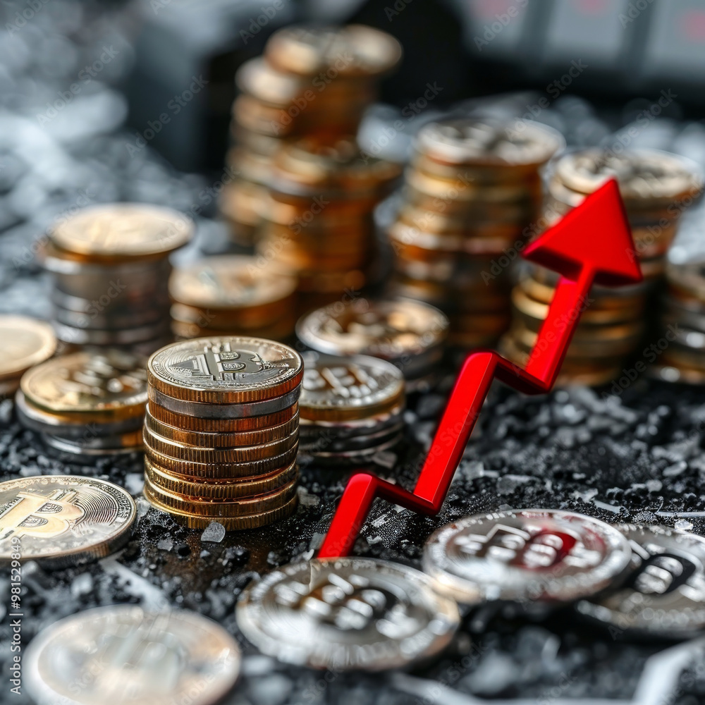 Poster stacked coins representing cryptocurrency are arranged on a textured surface, with a red upward arro