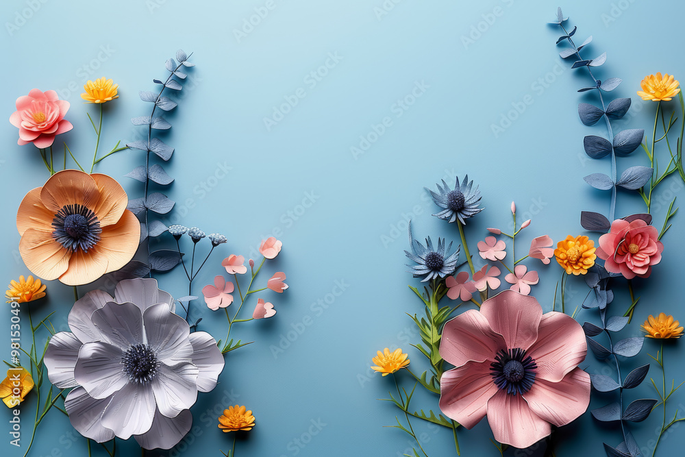 Poster a vibrant display of handcrafted paper flowers in various colors and shapes fills the space. the arr