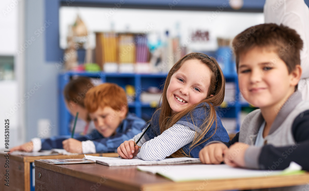 Poster portrait, writing and happy kids in class for education in growth, child development and notebook fo