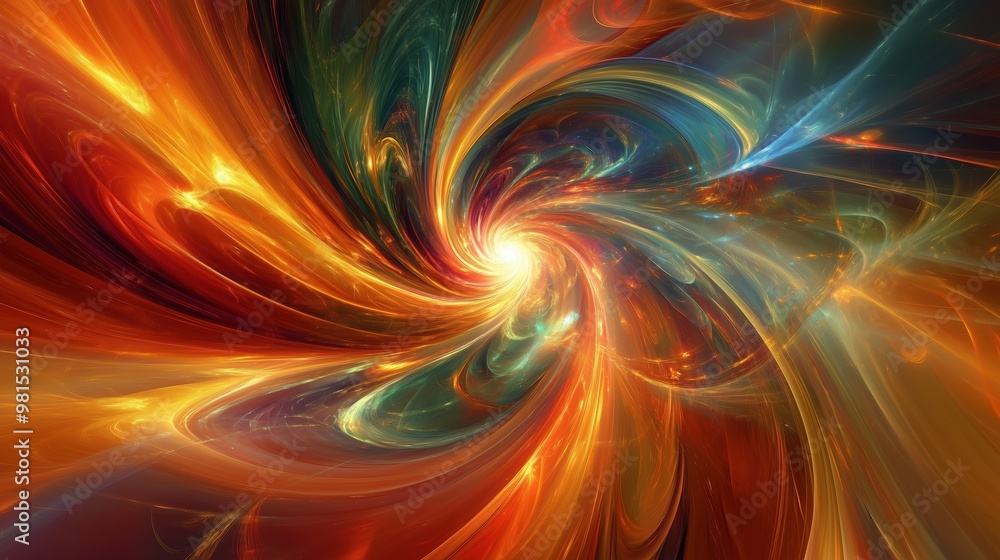 Poster a colorful swirl of light and dark colors with a bright orange center. the colors are vibrant and dy
