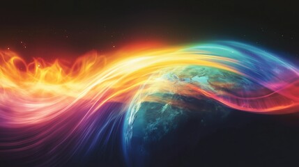 Obraz premium A colorful swirl of light and fire with a planet in the middle. The planet is surrounded by a rainbow of colors and the fire is in the background