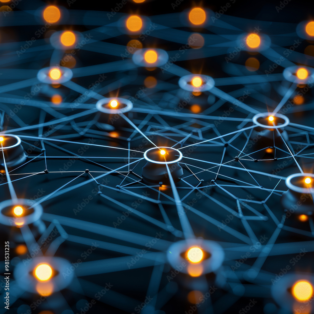 Poster an intricate network of glowing nodes interconnected by glowing lines creates a visually striking di