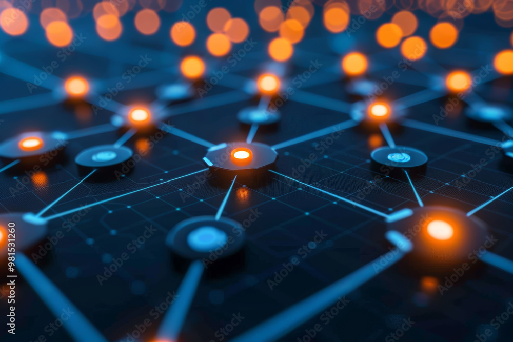 Poster a close-up of a network framework featuring interconnected nodes illuminated by glowing orange light