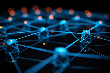 This visual displays an intricate network of glowing nodes interconnected by transparent lines, representing digital connections and communication systems in a modern, abstract style.