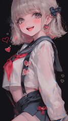 Anime  cheerful character with short blond hair and a school uniform smiles against a colorful background filled with hearts and flowers