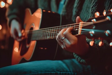 Fototapeta premium Intimate Acoustic Guitar Performance with Soft Lighting and Cozy Ambiance