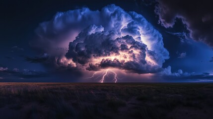 Obraz premium A large cloud of lightning is in the sky. The sky is dark and stormy. The lightning is bright and powerful