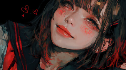 Anime  cheerful character with short blond hair and a school uniform smiles against a colorful background filled with hearts and flowers