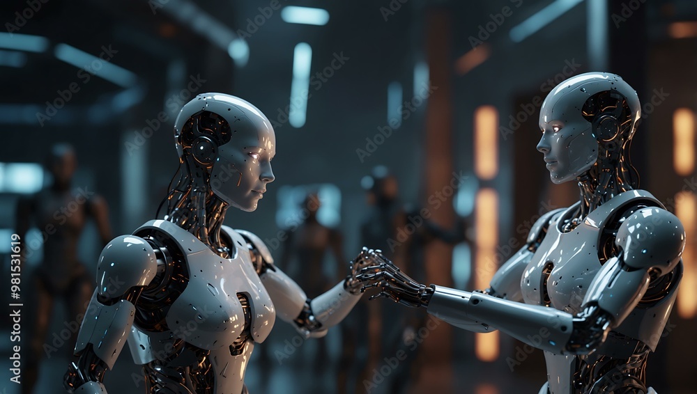 Poster robotic figures with ai interacting in a futuristic virtual environment.