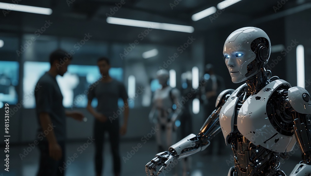Poster robotic figures with ai interacting in a futuristic virtual environment.