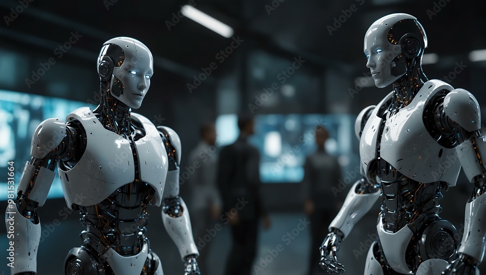 Aufkleber robotic figures with ai interacting in a futuristic virtual environment.