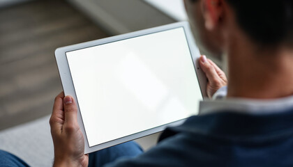 Man holding digital tablet device white screen in hand view over shoulder, tab with blank screen, tablet with blank screen, tablet white screen, tablet  mockup, tab mockup, mobile mockup, blank screen