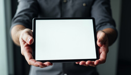 Man holding digital tablet device white screen in hand view over shoulder, tab with blank screen, tablet with blank screen, tablet white screen, tablet  mockup, tab mockup, mobile mockup, blank screen