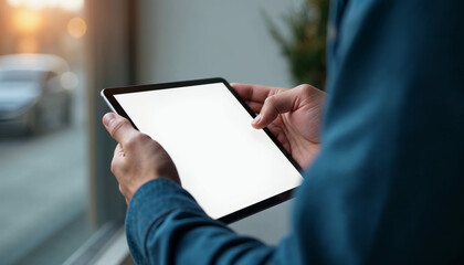 Man holding digital tablet device white screen in hand view over shoulder, tab with blank screen, tablet with blank screen, tablet white screen, tablet  mockup, tab mockup, mobile mockup, blank screen