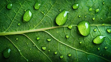 A leaf with water droplets on it. The droplets are small and scattered, giving the impression of a light rain. The leaf is green and he is fresh and healthy