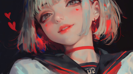 Anime  cheerful character with short blond hair and a school uniform smiles against a colorful background filled with hearts and flowers