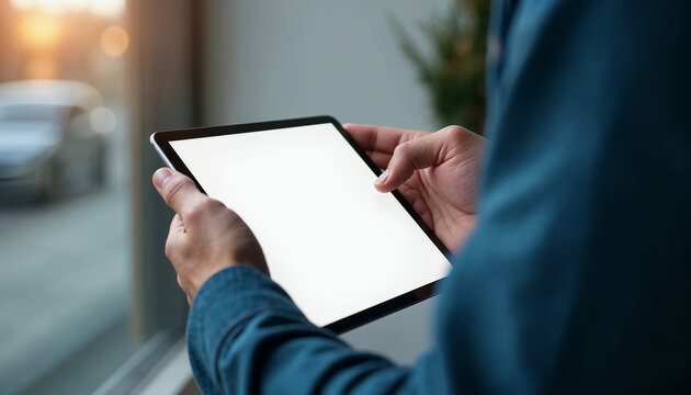 Man holding digital tablet device white screen in hand view over shoulder, tab with blank screen, tablet with blank screen, tablet white screen, tablet  mockup, tab mockup, mobile mockup, blank screen
