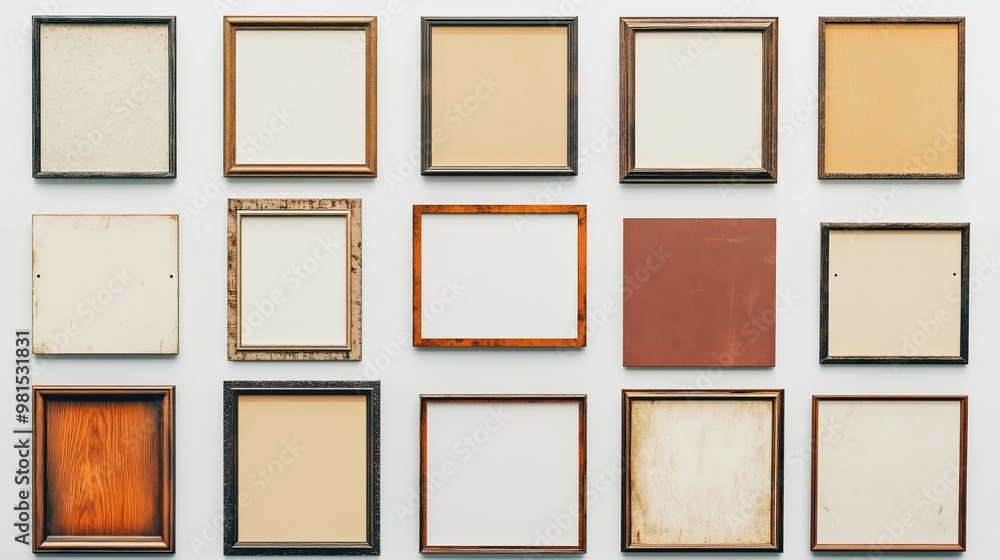 Poster A row of frames with a brown frame in the middle. The frames are all different sizes and shapes
