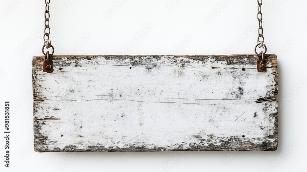 Poster a sign hanging from a chain with a white background. the sign is empty and has a rustic appearance