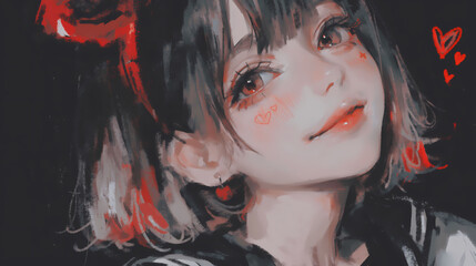 Anime  cheerful character with short blond hair and a school uniform smiles against a colorful background filled with hearts and flowers