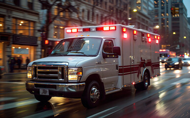Ambulance speeding through a city street with emergency lights flashing and a blurred urban background highlighting urgent medical response
