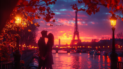 Eine romantische Szene in Paris, ein sich küssendes Paar auf einer Brücke bei Sonnenuntergang, im Hintergrund mit dem Eiffelturm.