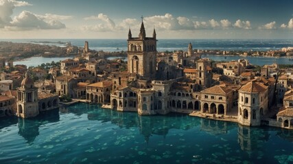 Fototapeta premium The lost city of Atlantis, now beneath the waves, showcases traces of its faded beauty and grandeur