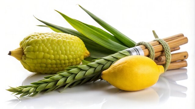 Traditional Lulav and Etrog set against a clean white background