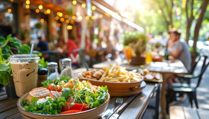 Obraz premium Gourmet dish on outdoor restaurant table with urban street background, space for text on left