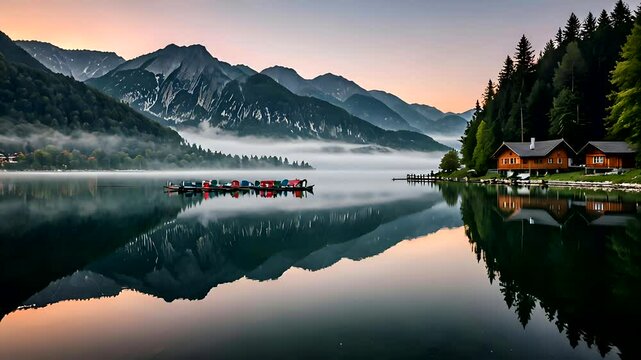 A serene lakeside view at sunset, featuring log cabins along the shore with reflections in the calm water. Seamless looping 4k time-lapse animation video background