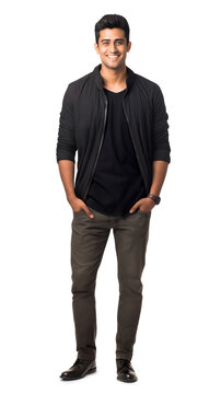 Full-body portrait of smiling young Indian or Arabian man in casual outfit with hands in pockets isolated on transparent background. Confident and friendly pose. Design element for ads and media