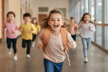 Obraz premium Happy Children Running in a School Hallway | Excitement and Joy of School Life