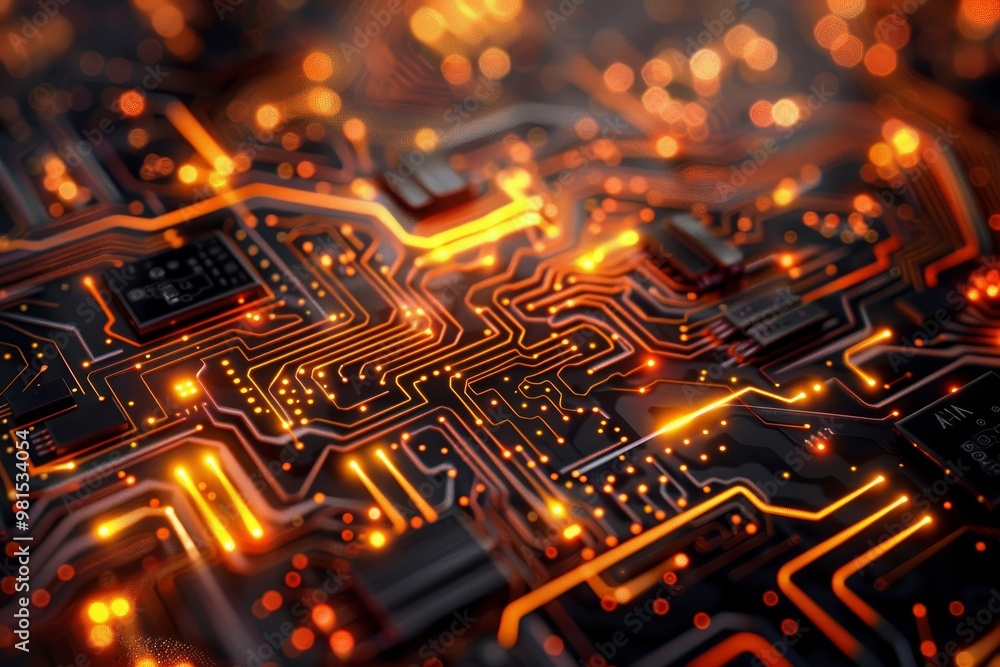 Poster detailed view of a computer circuit board showing intricate components and pathways, the digital lan