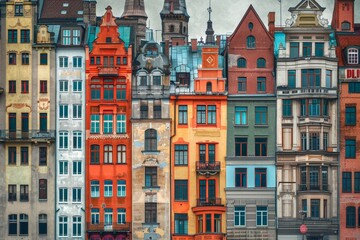 Fototapeta premium Several dogs lying comfortably on a dog bed, The diversity of architectural styles and colors that make up the city skyline