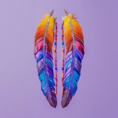 Colorful Indian feathers with beadwork. Stylish Thanksgiving theme on a pastel purple background.