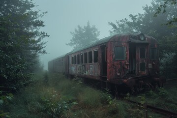 Obraz premium Derailed train, abandoned in the midst of a dense forest, The eerie stillness of a derailed train, abandoned and forgotten