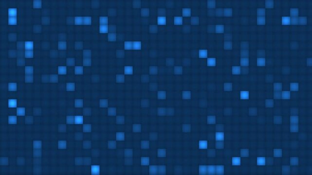 Blue abstract pixel animation of digital lamp light on dark blue background. Abstract flashing blue lights like in computer technology