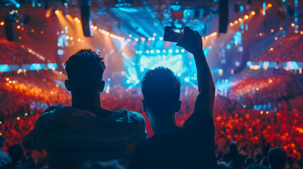 Selfie of two young friends at a concert in a giant indoor arena