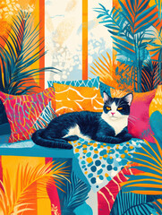 Cat Relaxing on a Windowsill Surrounded by Plants
