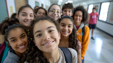 Fototapeta premium Selfie of a group of students looking at the camera smiling. Happy to be back to school