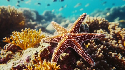 A starfish with white spots rests on a coral reef with yellow and brown corals in the background, surrounded by clear blue water and small fish.